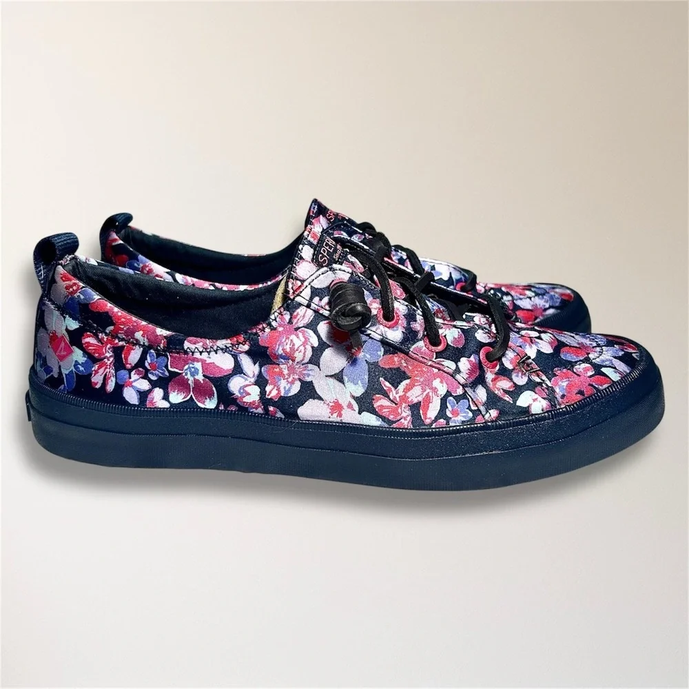 Sperry Crest Vibe 9.5 Floral‎ Canvas Sneakers Pink Blue Lace Up Casual STS87000
